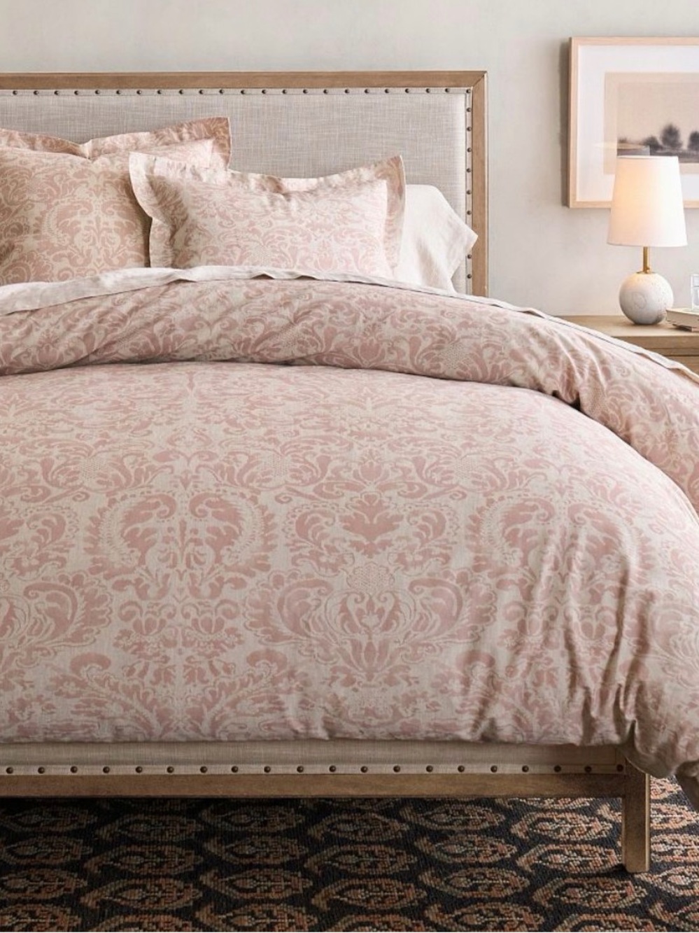 Like new Pottery Barn King Stella Damask Duvet and 2 euro shams  Rosewood